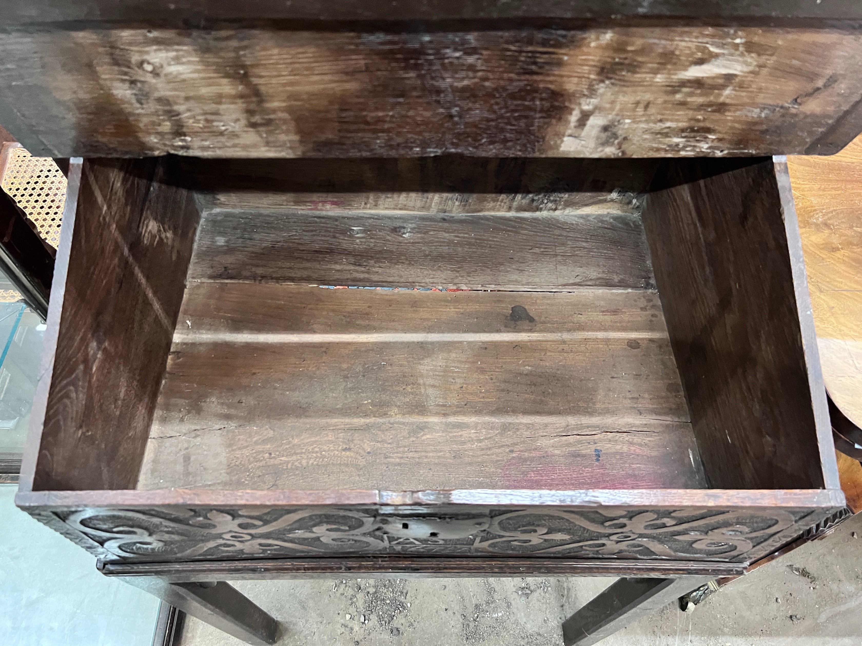 A 17th century style oak bible box on stand, width 65cm *Please note the sale commences at 9am.